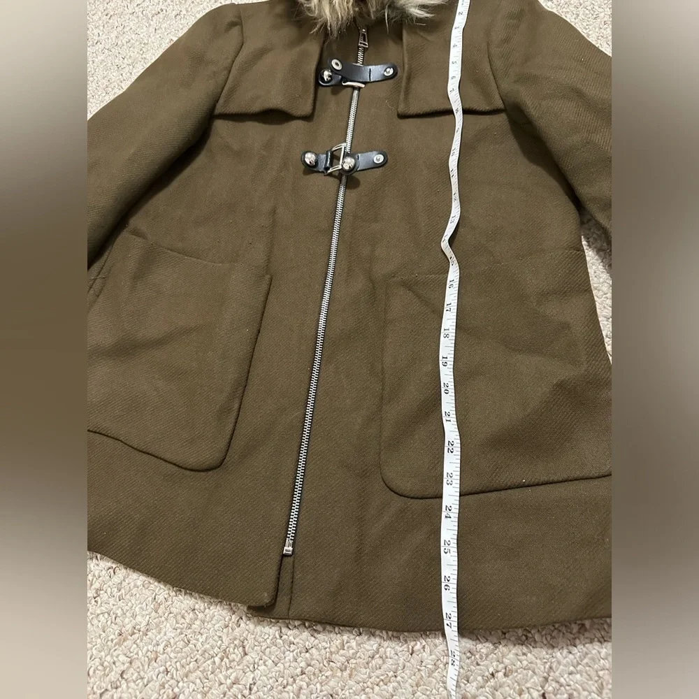 ZARA khaki army green faux fur trim hood duffle coat size XS